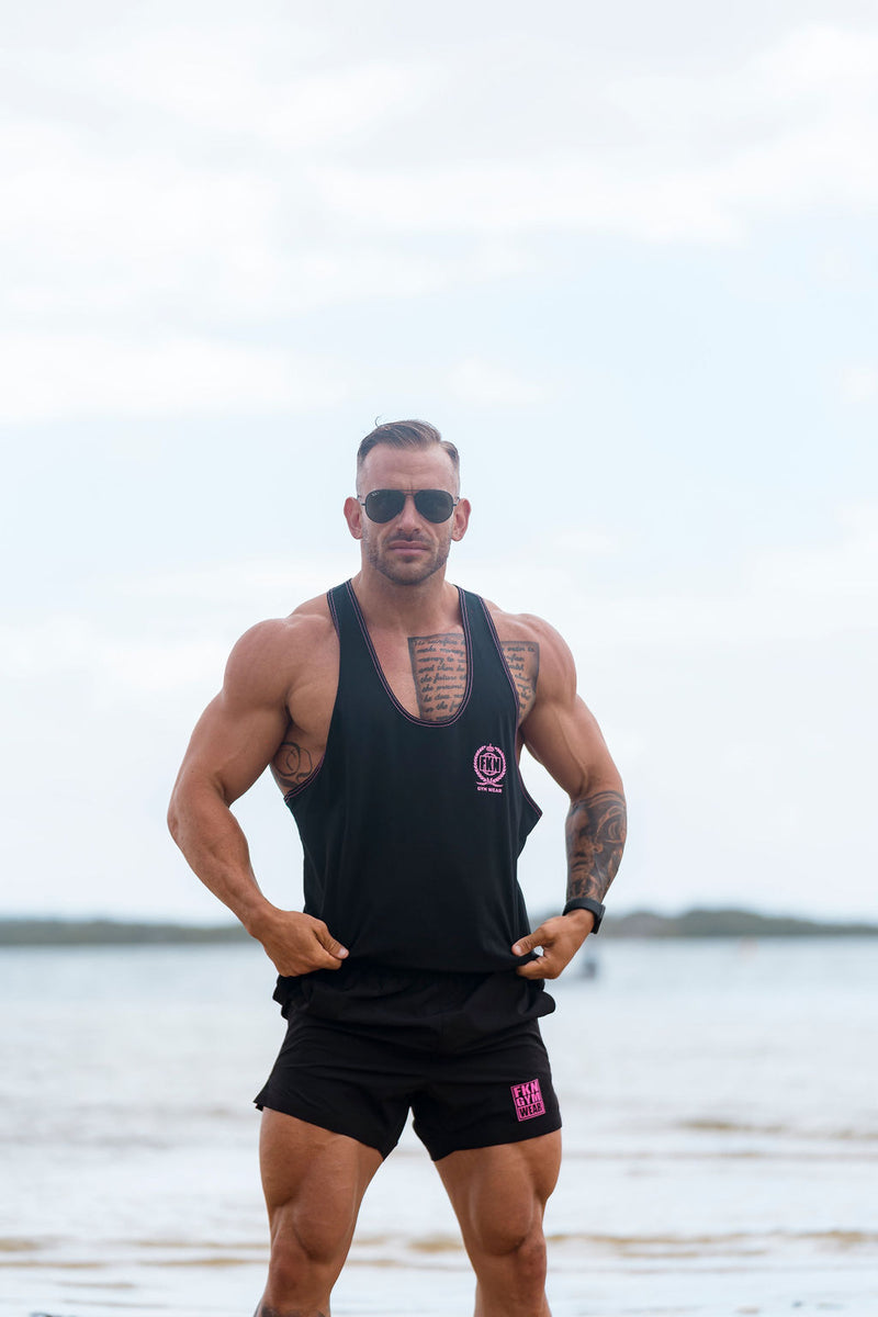 STRIKE | Men's Gym Stringer Singlet | Black & Pink