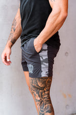 Steel | Men's Gym Shorts | Dark Grey Camo