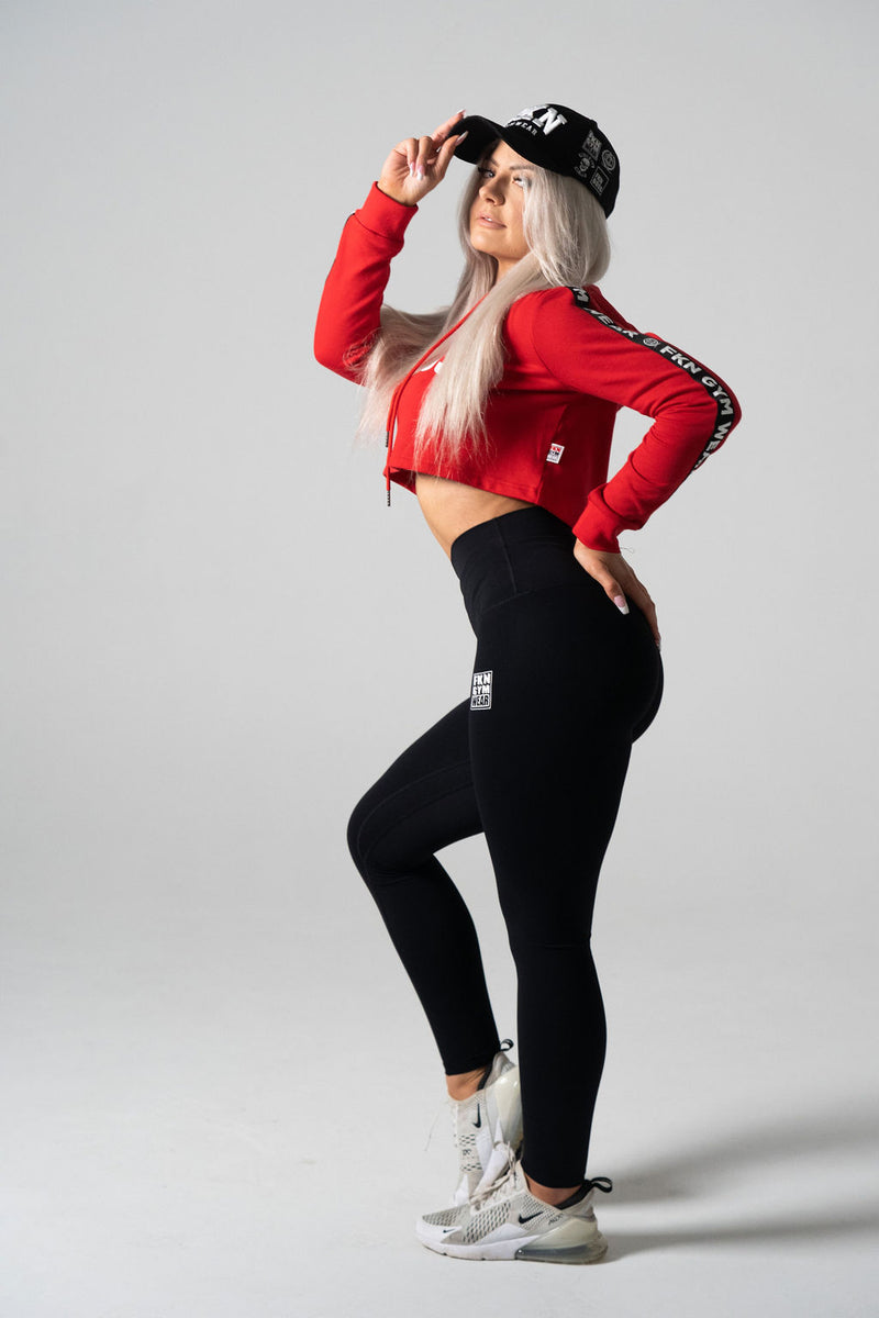 Evelina, Gymshark Athlete (@byevelina_ ) wearing the Pop Red Cropped Raw  Edge Hoodie from the Primary Range. …